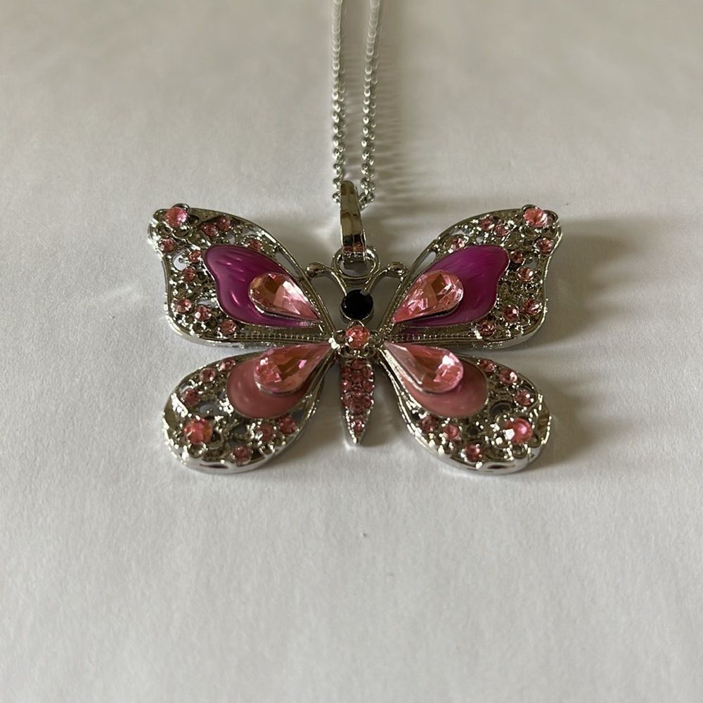 Pink and Silver Butterfly 🦋 Necklace - Picture 4 of 4